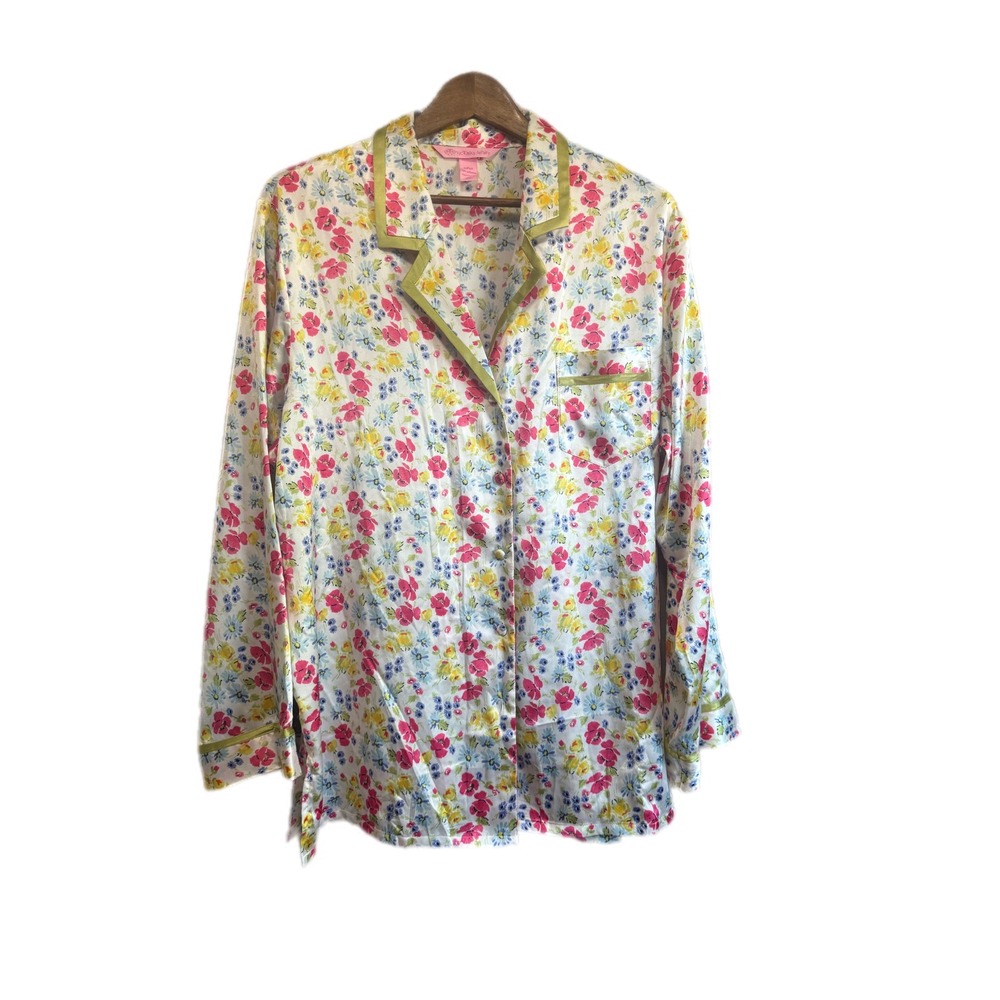 Victoria's Secret Pajama Top Women Large White Floral Excellent‎ Satin Button Up